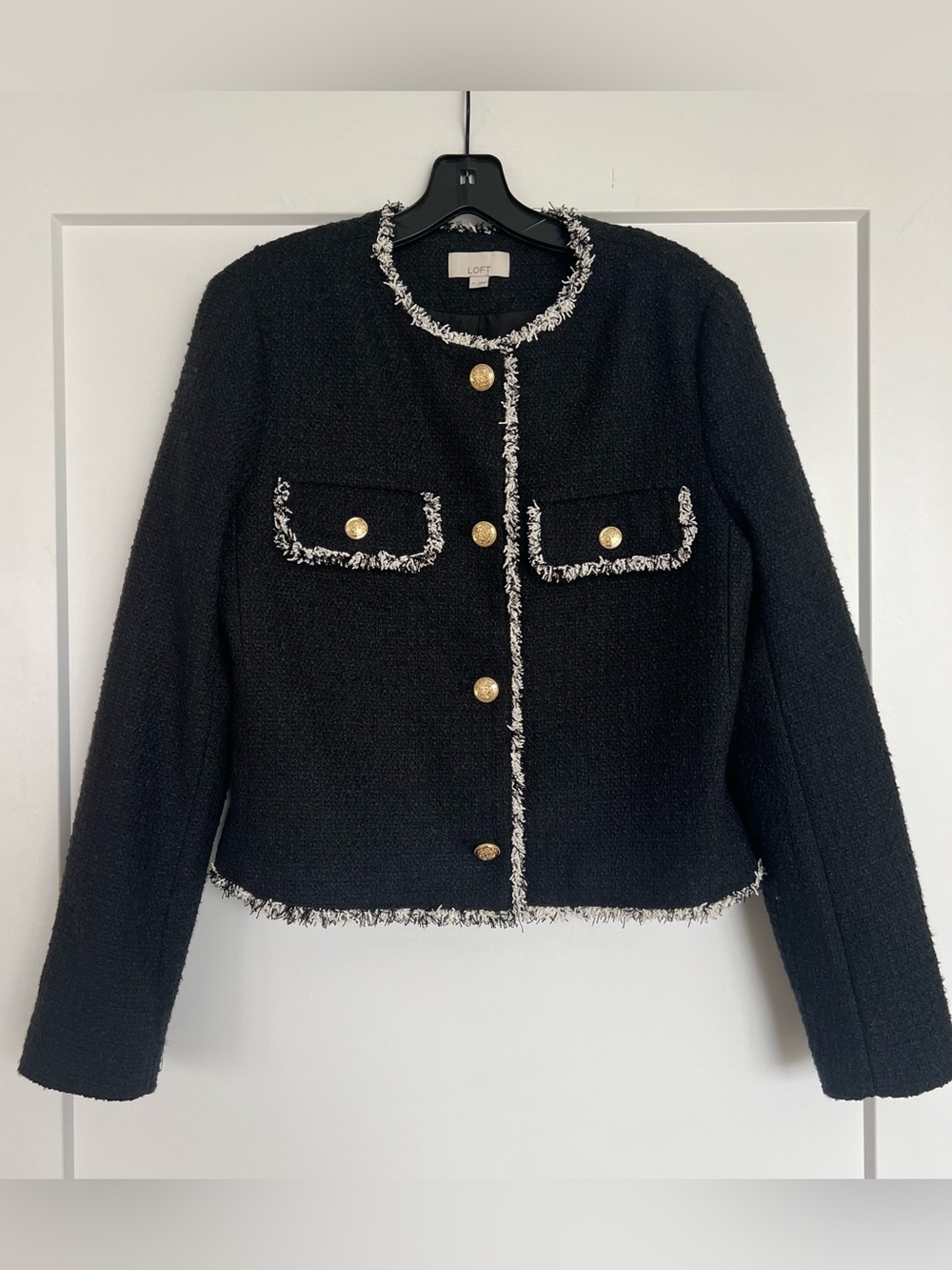 Loft Black Bouclé Fringe-Trim Gold Button Lady Jacket Blazer Size Medium